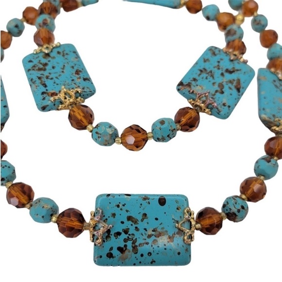 Vintage Joan Rivers Blue Turquoise & Smoky Topaz Gold Necklace - Picture 5 of 10